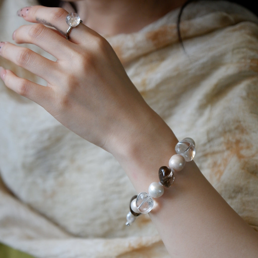 "Earth & Ocean" — Organic Smoky Quartz & Baroque Pearl Leather Bracelet