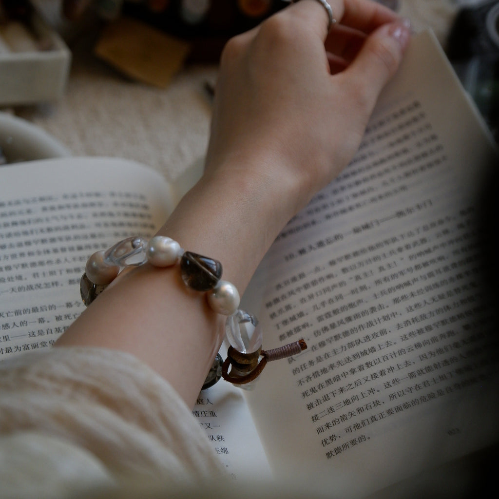 "Earth & Ocean" — Organic Smoky Quartz & Baroque Pearl Leather Bracelet