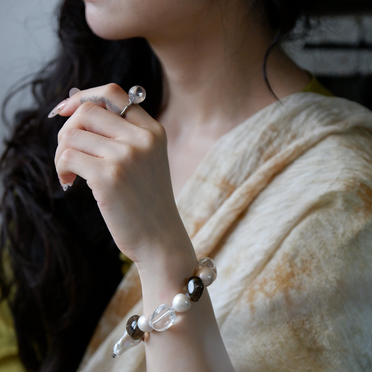 "Earth & Ocean" — Organic Smoky Quartz & Baroque Pearl Leather Bracelet