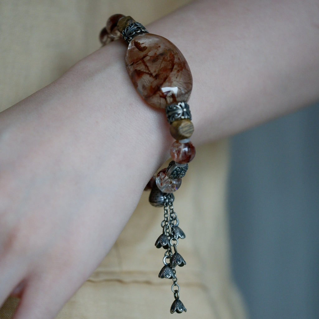 "Dark Zen" — Vintage Red Hematoid Smoky Quartz & Agarwood Bracelet