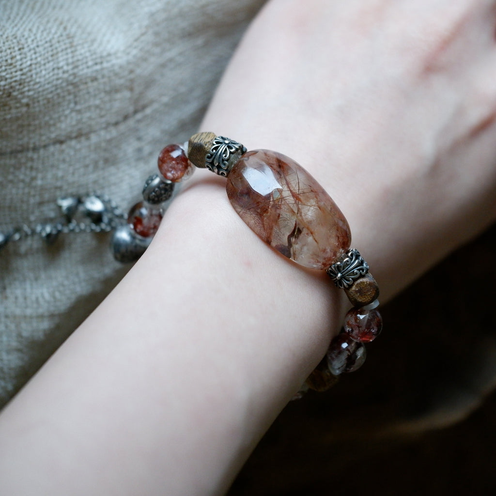 "Dark Zen" — Vintage Red Hematoid Smoky Quartz & Agarwood Bracelet