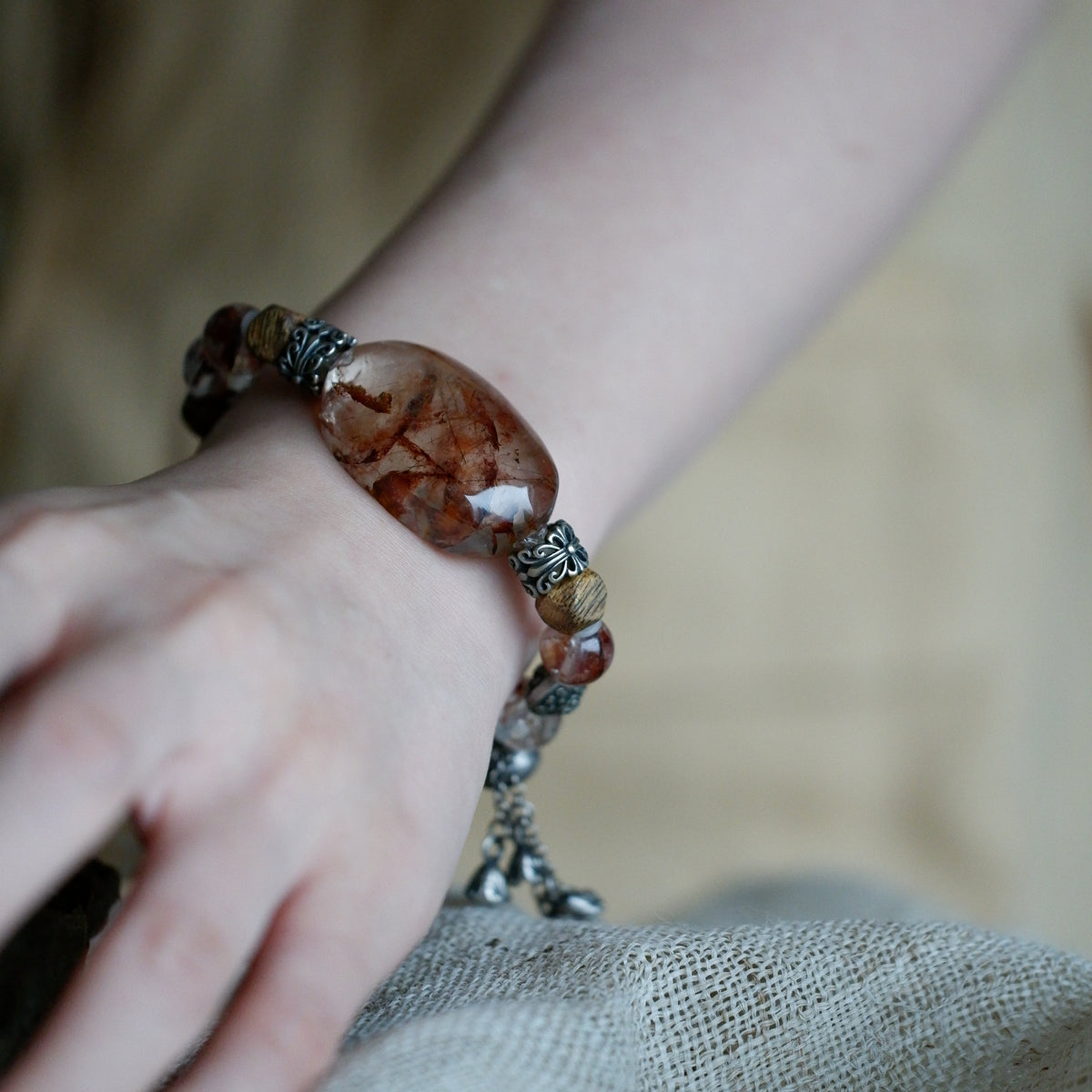 "Dark Zen" — Vintage Red Hematoid Smoky Quartz & Agarwood Bracelet