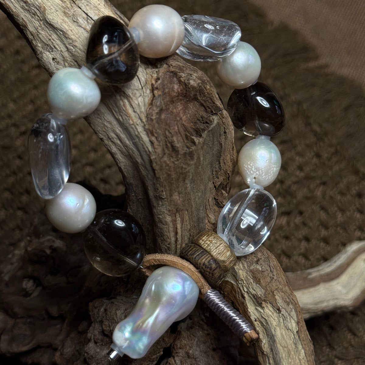 "Earth & Ocean" — Organic Smoky Quartz & Baroque Pearl Leather Bracelet