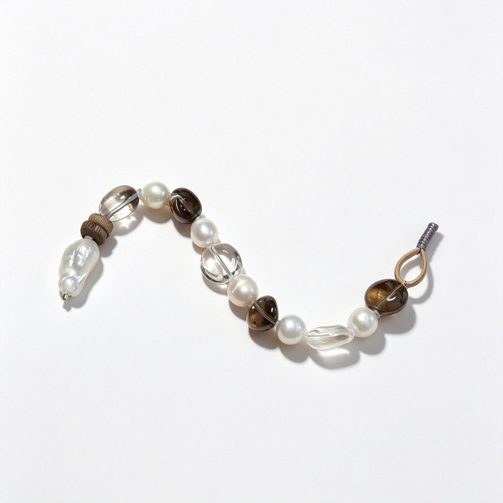 "Earth & Ocean" — Organic Smoky Quartz & Baroque Pearl Leather Bracelet