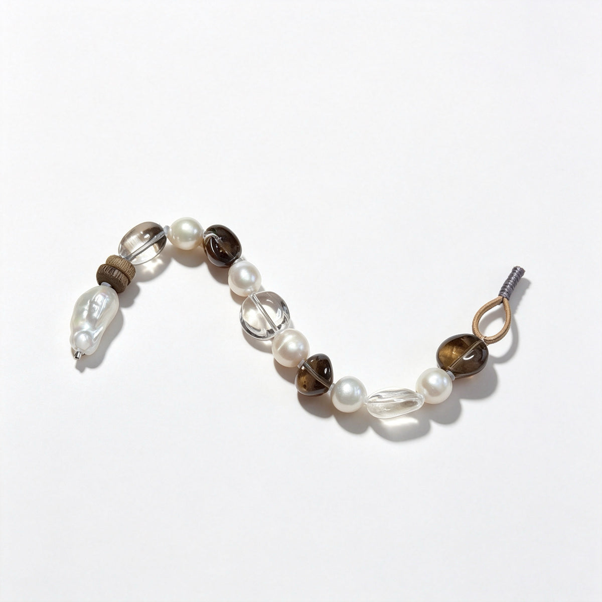 "Earth & Ocean" — Organic Smoky Quartz & Baroque Pearl Leather Bracelet