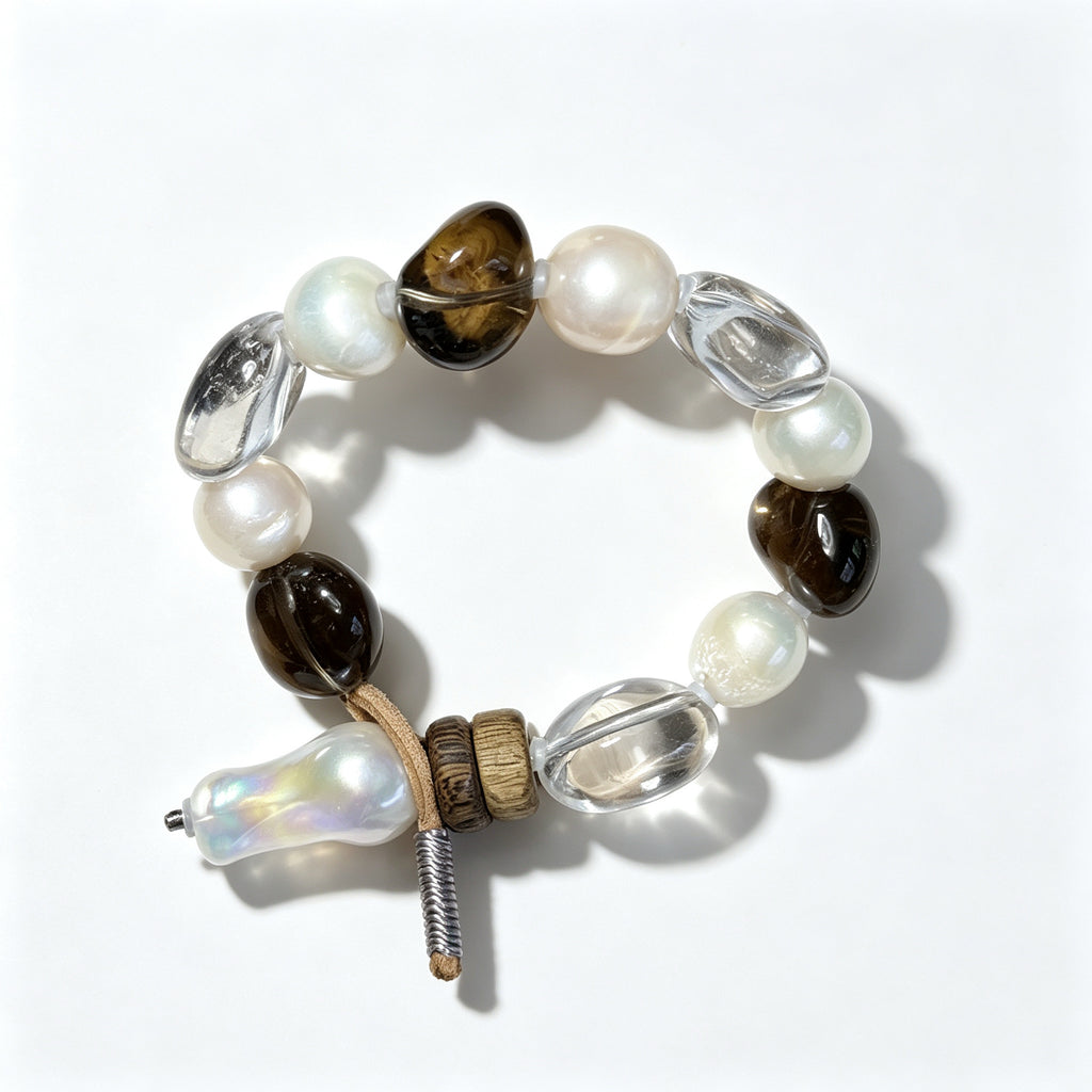 "Earth & Ocean" — Organic Smoky Quartz & Baroque Pearl Leather Bracelet