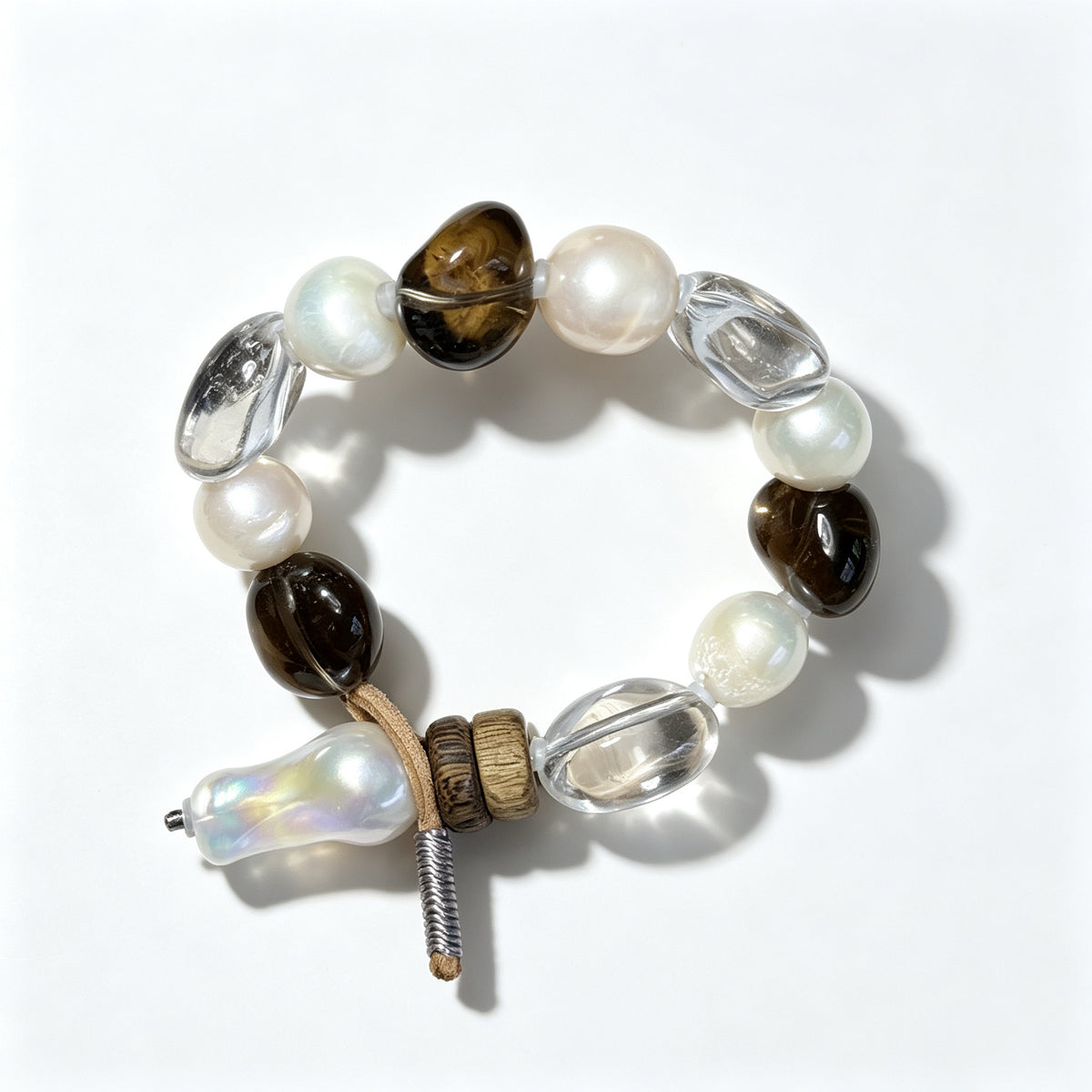 "Earth & Ocean" — Organic Smoky Quartz & Baroque Pearl Leather Bracelet