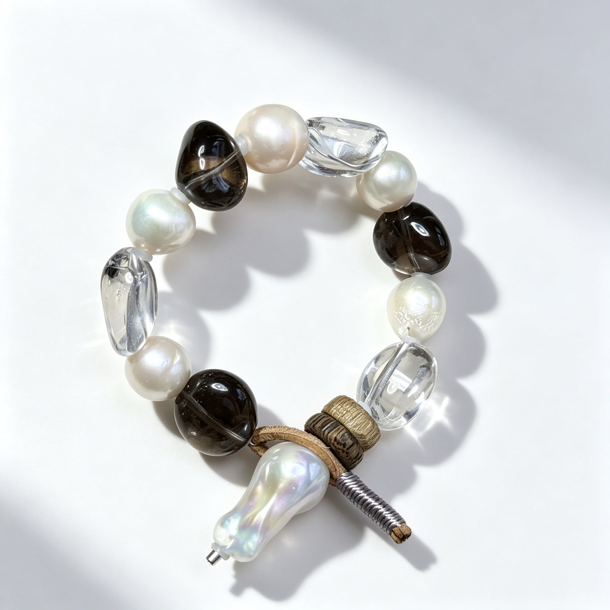 "Earth & Ocean" — Organic Smoky Quartz & Baroque Pearl Leather Bracelet