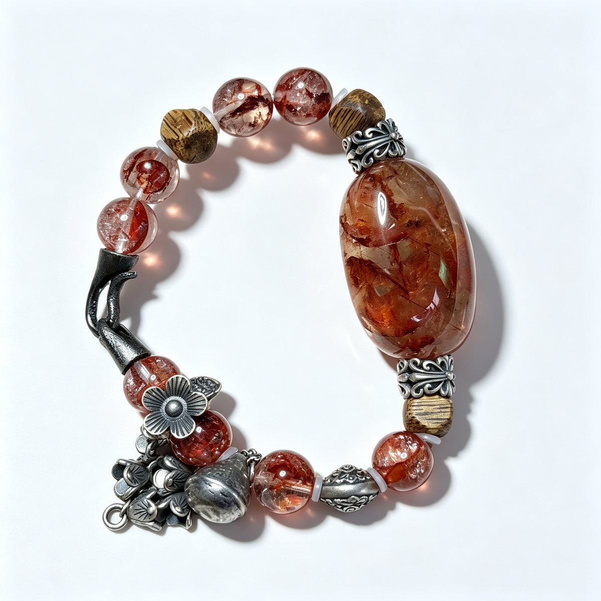 "Dark Zen" — Vintage Red Hematoid Smoky Quartz & Agarwood Bracelet