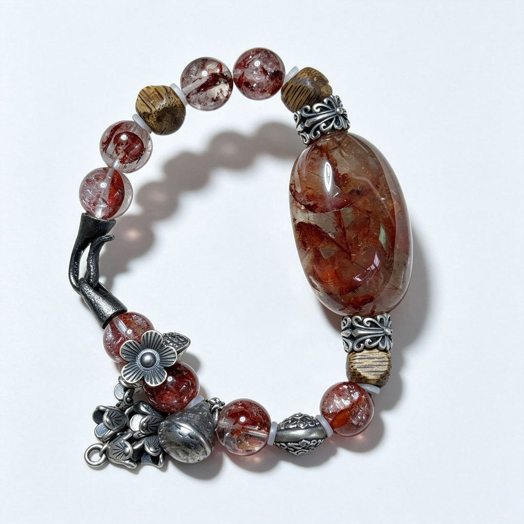 "Dark Zen" — Vintage Red Hematoid Smoky Quartz & Agarwood Bracelet