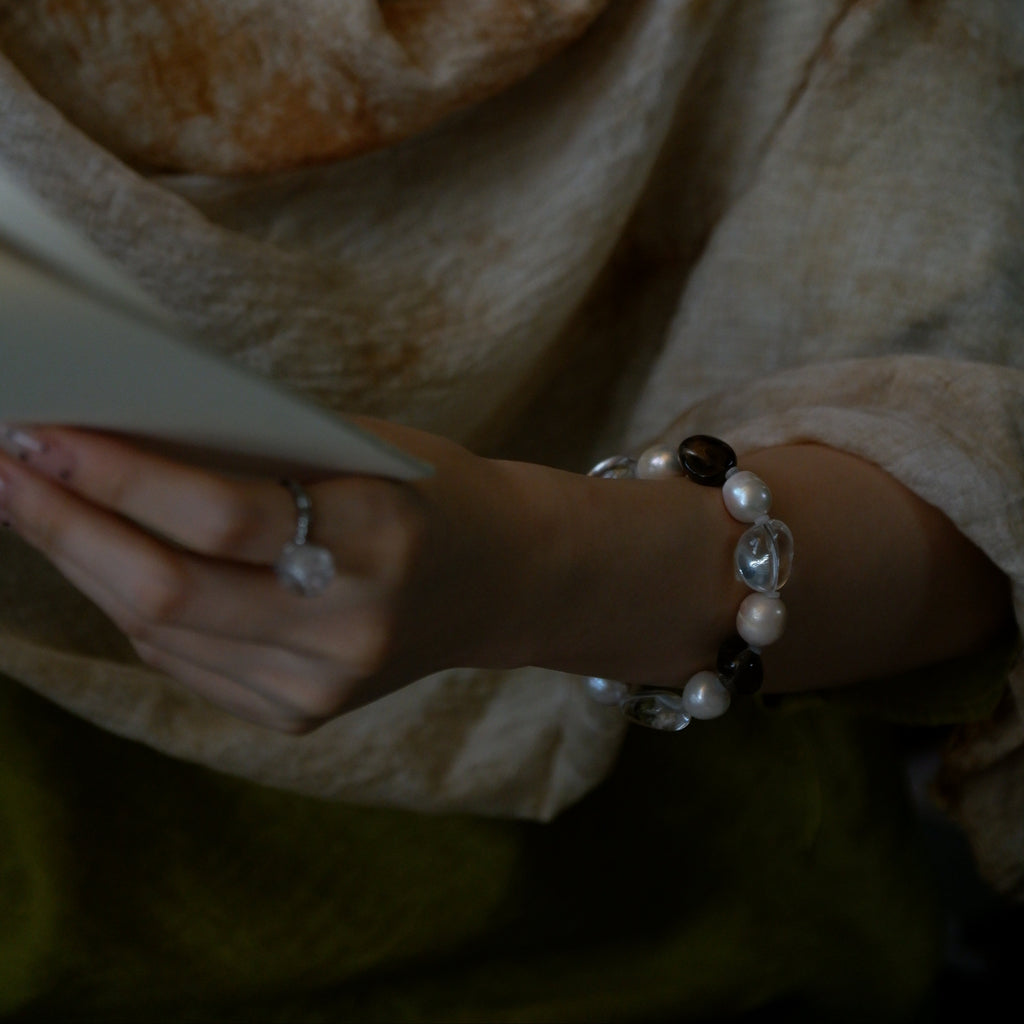 "Earth & Ocean" — Organic Smoky Quartz & Baroque Pearl Leather Bracelet