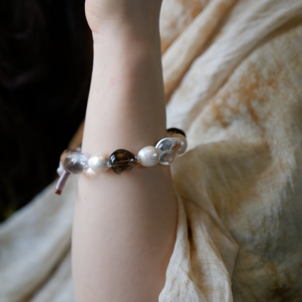 "Earth & Ocean" — Organic Smoky Quartz & Baroque Pearl Leather Bracelet