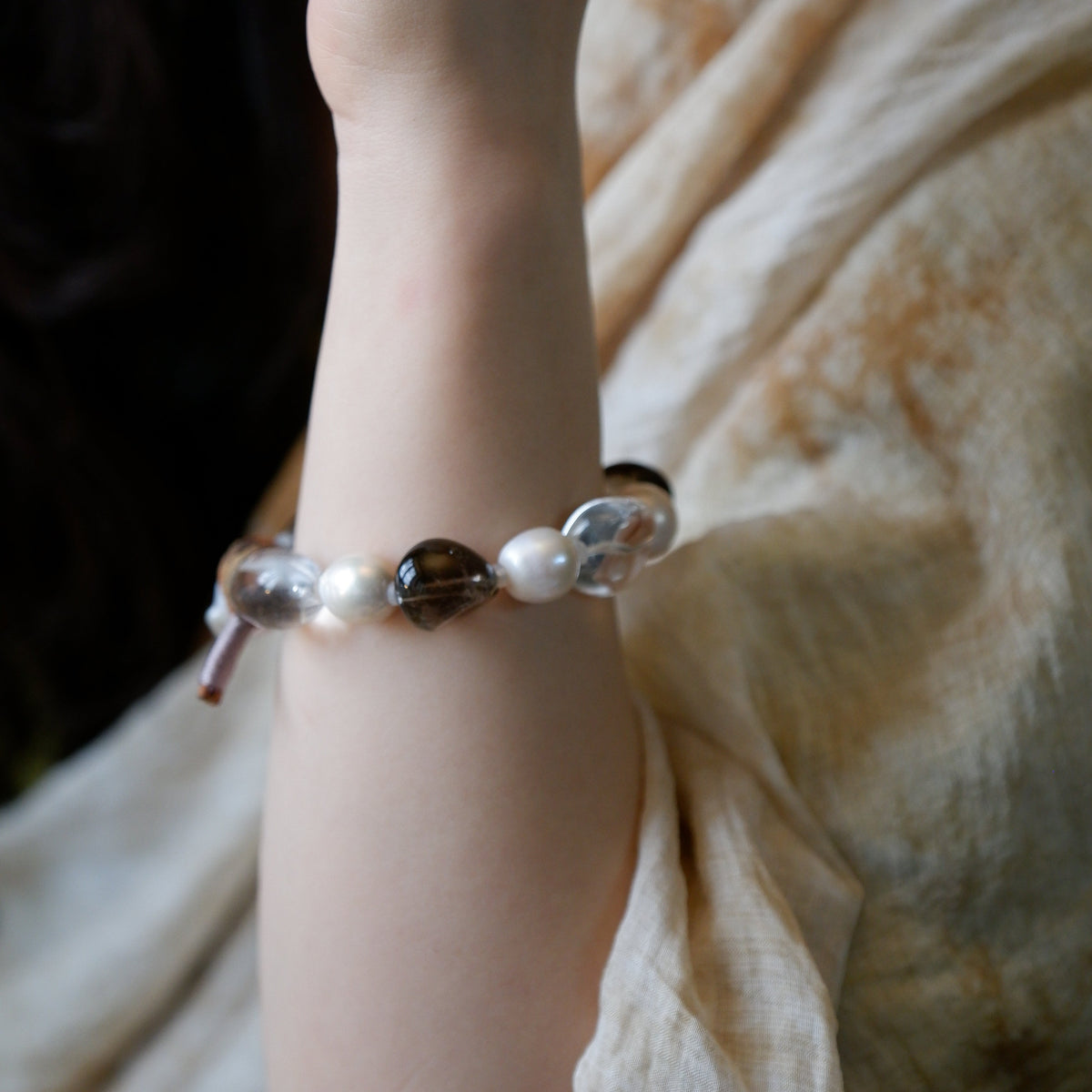 "Earth & Ocean" — Organic Smoky Quartz & Baroque Pearl Leather Bracelet